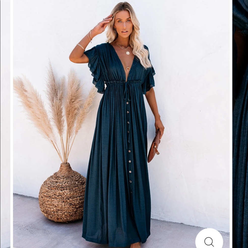 Vici-ANIKA POCKETED BUTTON DOWN RUFFLE MAXI DRESS